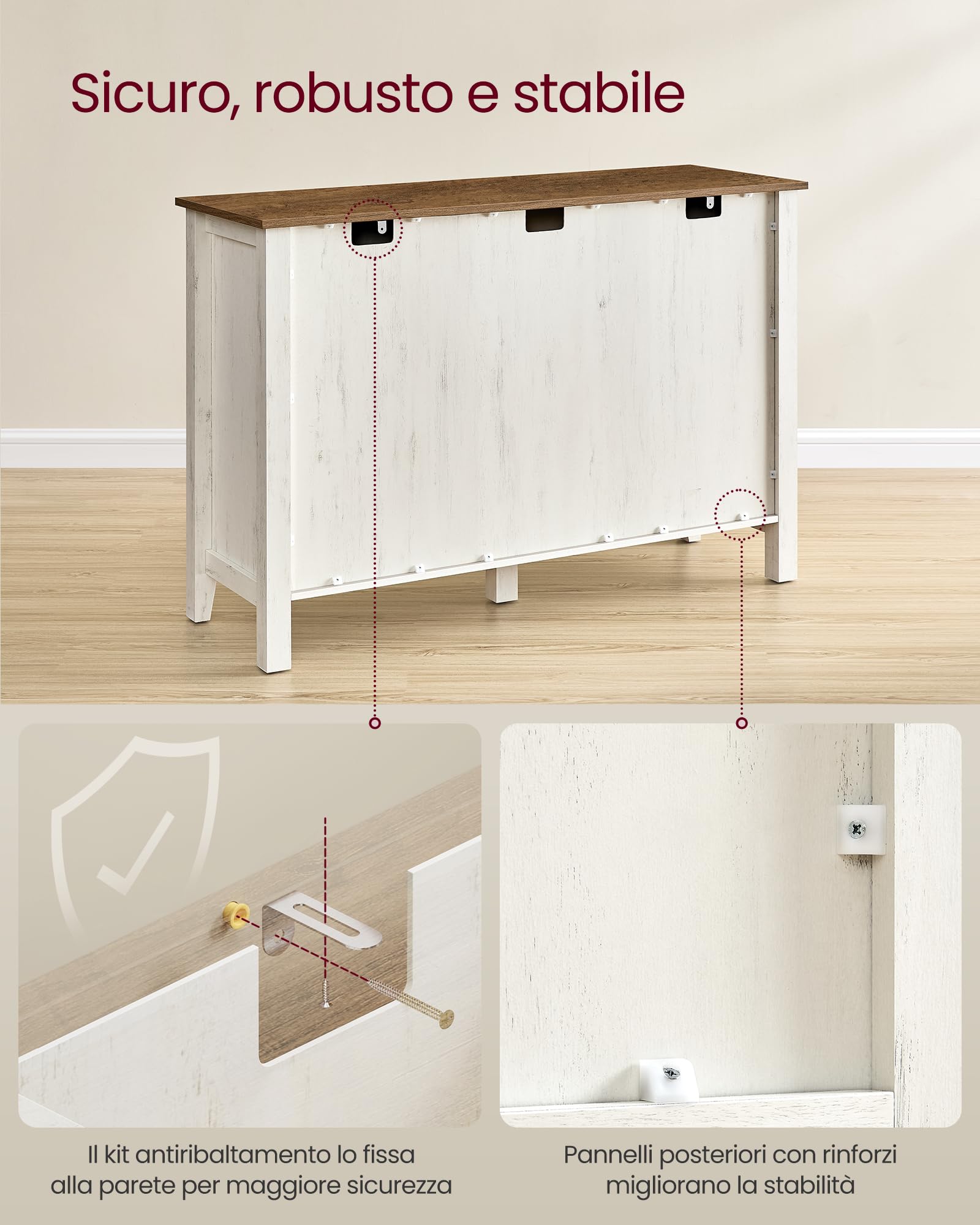 VASAGLE Mobiletto da cucina, credenza con cassetti, armadietto portaoggetti con ante, ripiano regolabile, stile rustico, per soggiorno, cucina, 40 x 114,5 x 80 cm, bianco vintage e marrone miele
