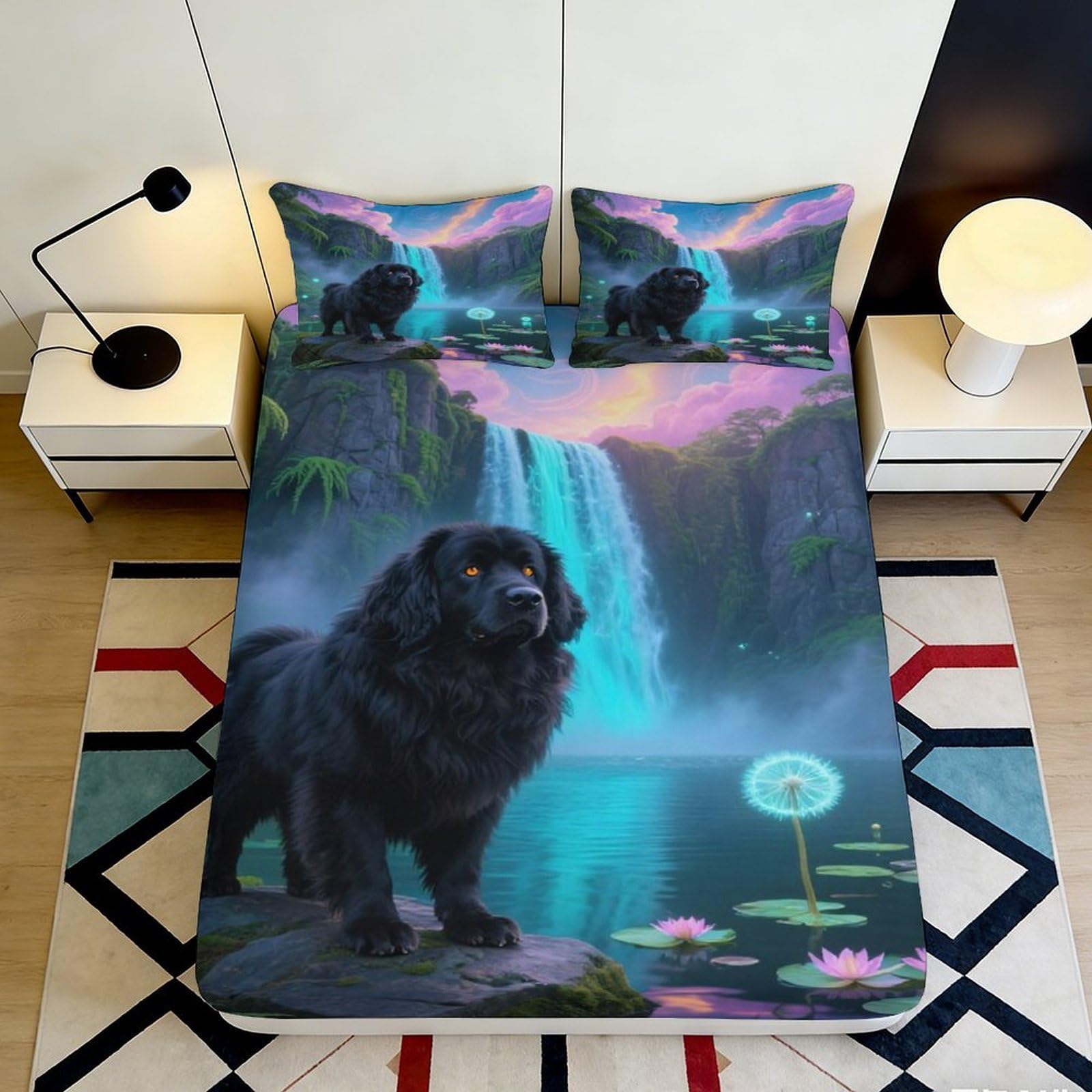 3D Printed Waterfall Dog Fitted Sheet Microfiber Non-slip Mattress Cover for Bedroom Dorm Easy Care Decor 90x200x25cm