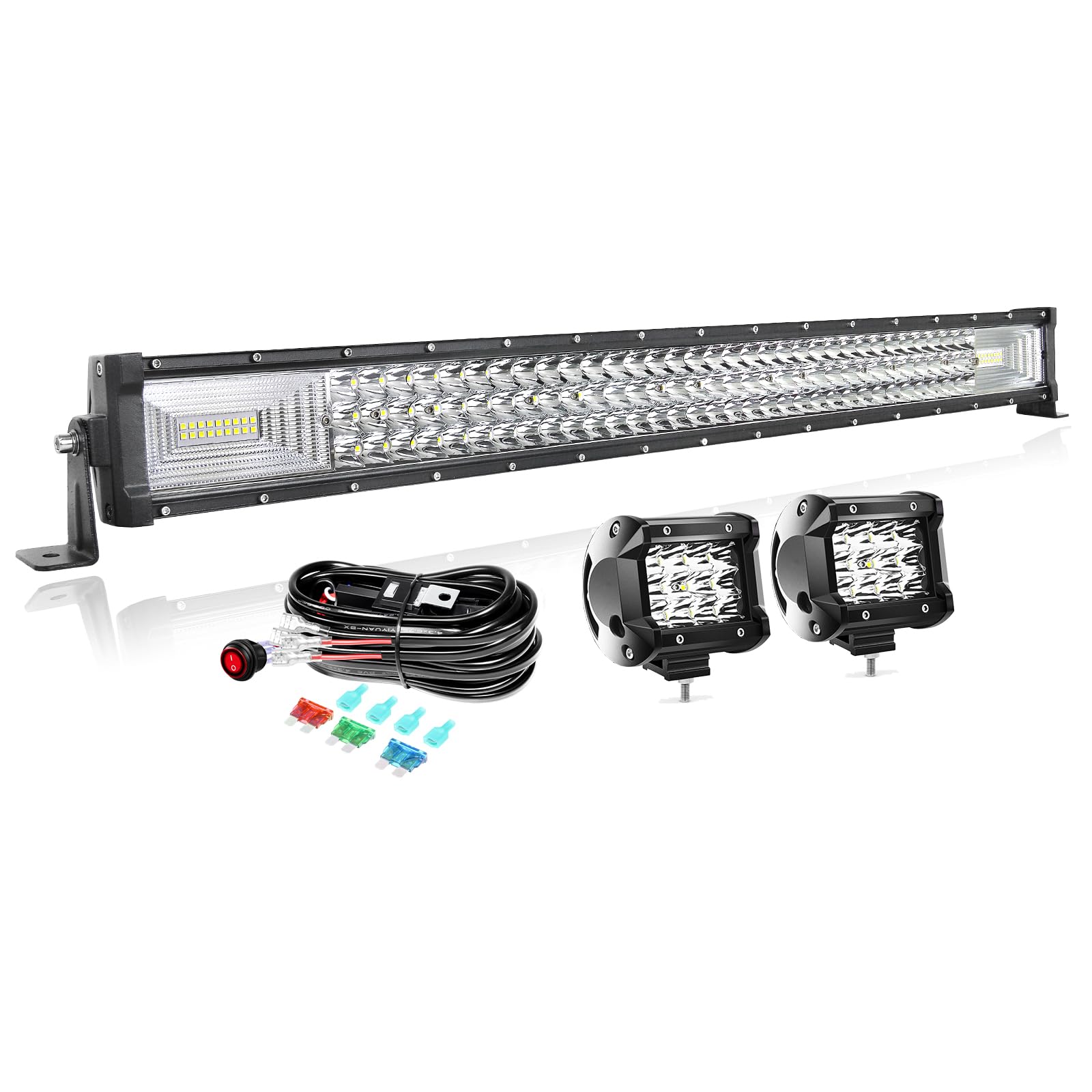 PICAA 32 Pollici 405W Barra Led Fuoristrada+2x 4 36W Faro da Lavoro Led+Cablaggio Kit, Tripla Fila Barra Luminosa a Led per Auto Camion 4X4 SUV ATV UTV 12V 24V Fari Led