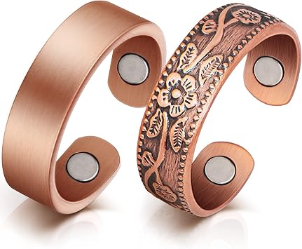 Mahnco Lymphatic Drainage Copper Rings for Women, Lymphatic Drainage Magnetic Ring, Magnetic Lymph Detox Ring Pure Copper Jewelry Gift Vintage Flower & Uncoated Smooth