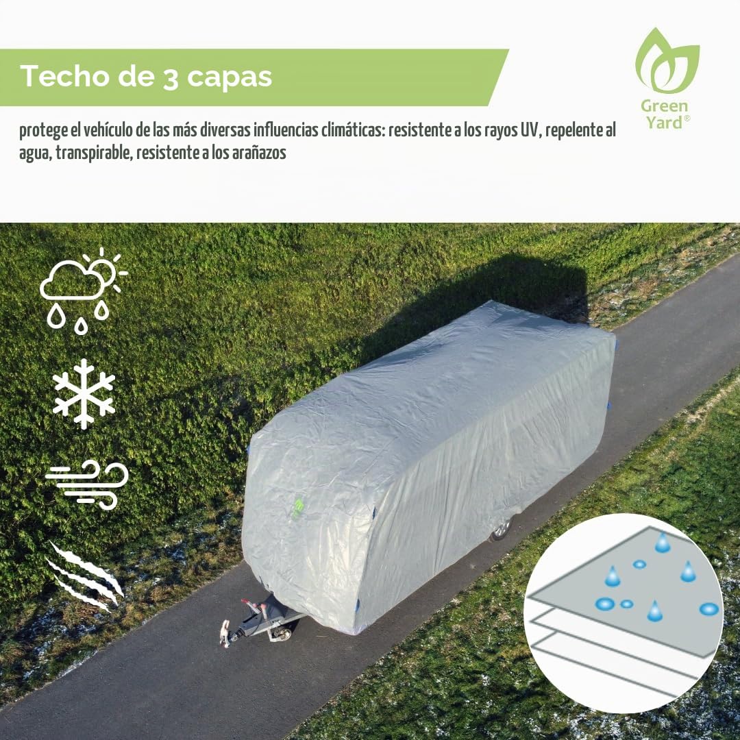 GreenYard® Funda Protectora para caravanas o autocaravanas | Tamaño XL 670 x 250 x 220 cm | Cubierta de Camping | Protección contra el Polvo y la Humedad | Transpirable | Duradera