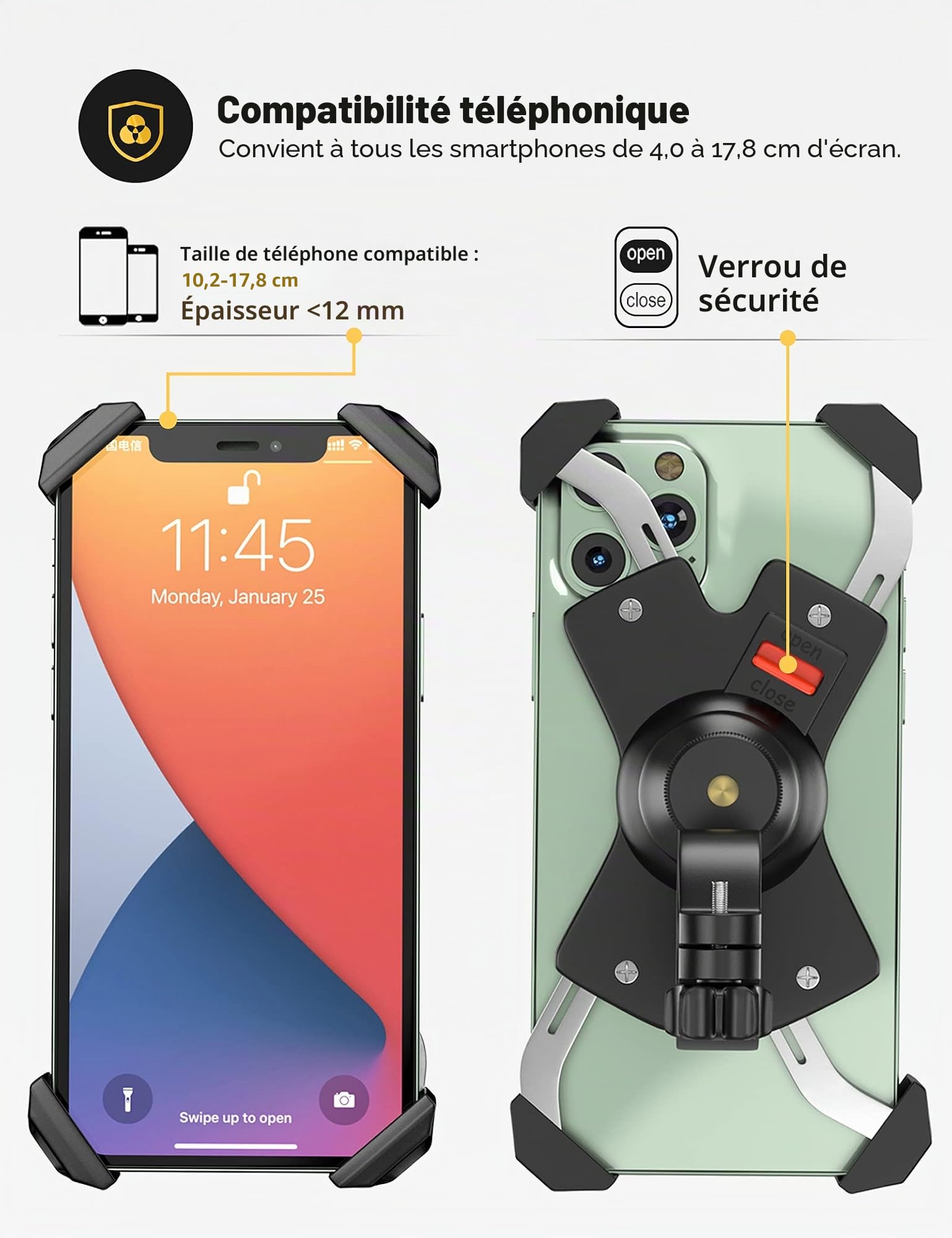 Grefay Support Téléphone Vélo Métal Suport Téléphone pour Moto Guidonavec Support Telephone Scooter 360° Rotation pour 4,5-6,8 Pouces Smartphones Samsung S10 S9 S8 S7 Huawei