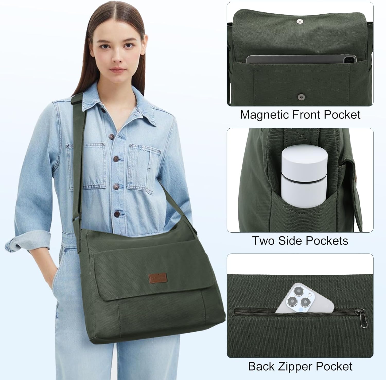 Chase Chic Canvas Messenger Bag, Large Vintage Crossbody Shoulder Satchel Work Bag for Women Men College