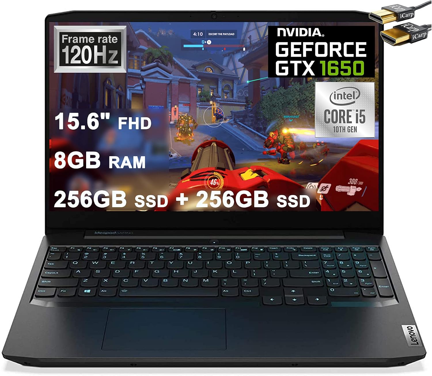 Lenovo Ideapad 3 Gaming Laptop 15.6" FHD IPS 120Hz Intel Quad-Core i5-10300H (Beats i7-8850H) 8GB DDR4 256GB SSD + 256GB SSD GTX 1650 4GB Backlit KB USB-C Dolby Win10 + HDMI Cable