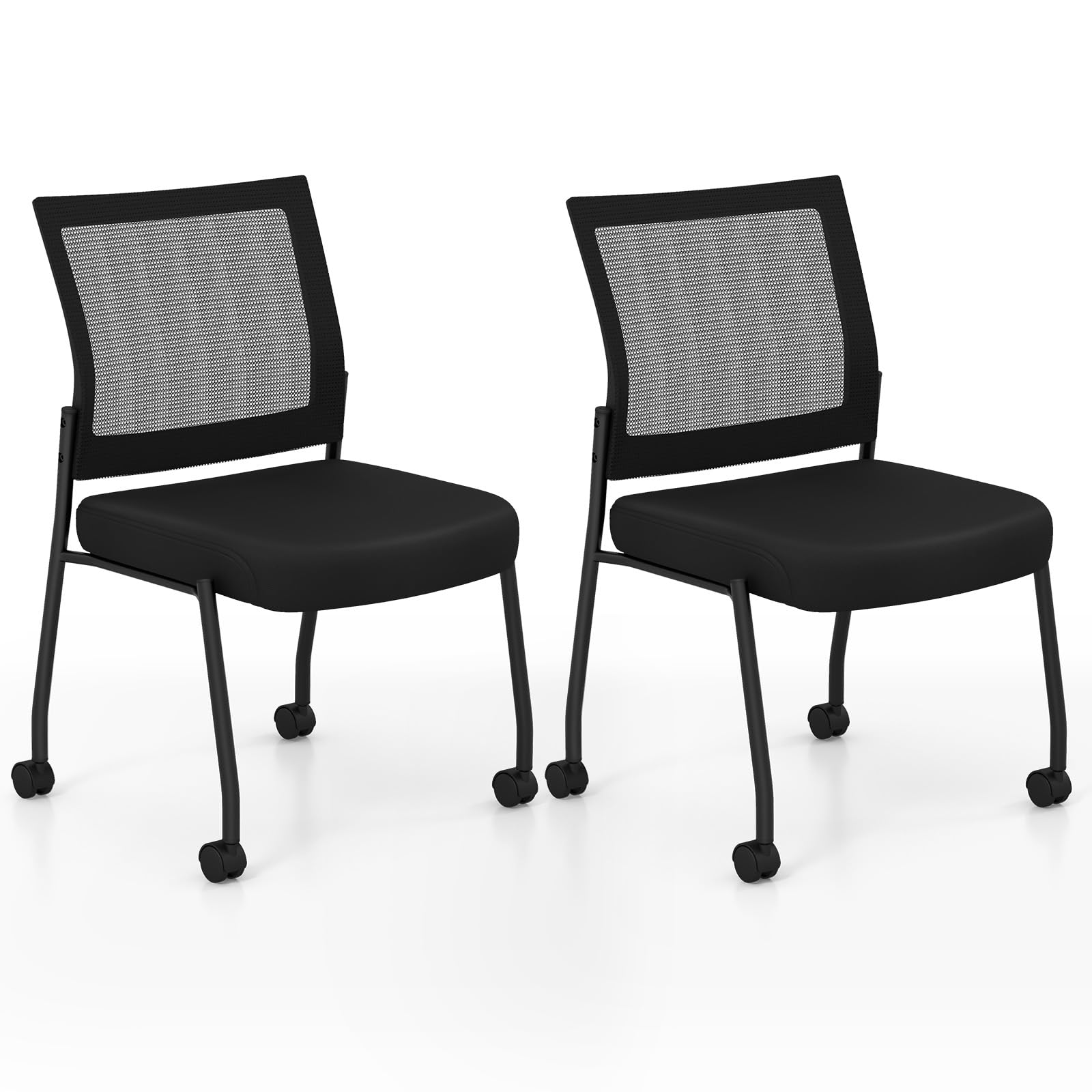 Giantex Set di 2 sedie per conferenze impilabili, sedie per sala riunioni con ruote, schienale in rete, seduta imbottita, sedili per visitatori imbottiti per ufficio, sala d'attesa, colore: nero