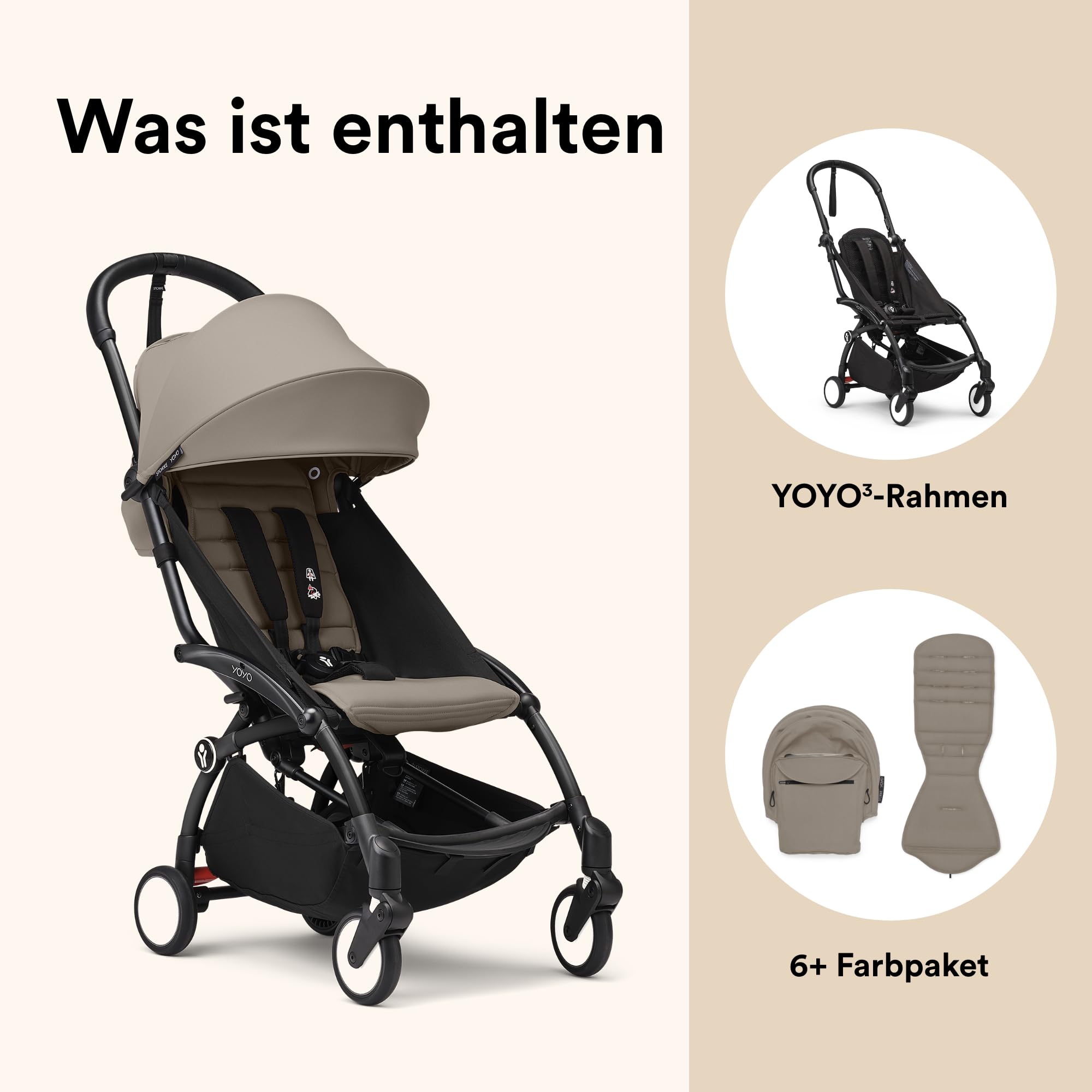 Stokke YOYO3 Kinderwagen ab 6 Monaten - Inklusive schwarzem Rahmen / taupefarbenem Sitzkissen + Verdeck - Blitzschnell ein- und ausklappbar - Leicht & kompakt - Handgepäck-kompatibel