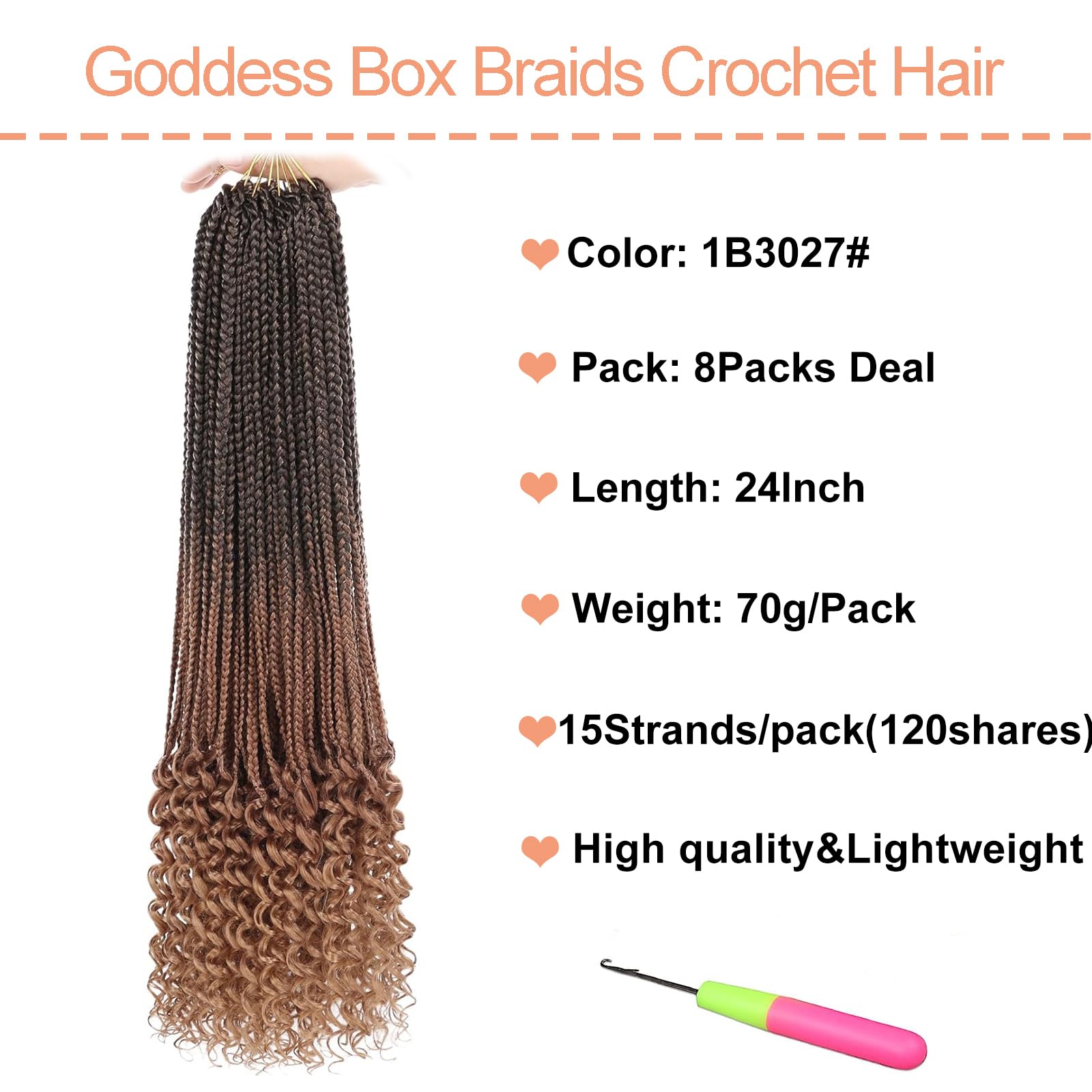 Mscat 24 Inch Goddess Box Braids Crochet Hair with Curly Ends 8 Packs Pre-looped 3X Synthetic Boho Box Braiding Hair for Women (15Strands/pack 1B3027#) - Image 2