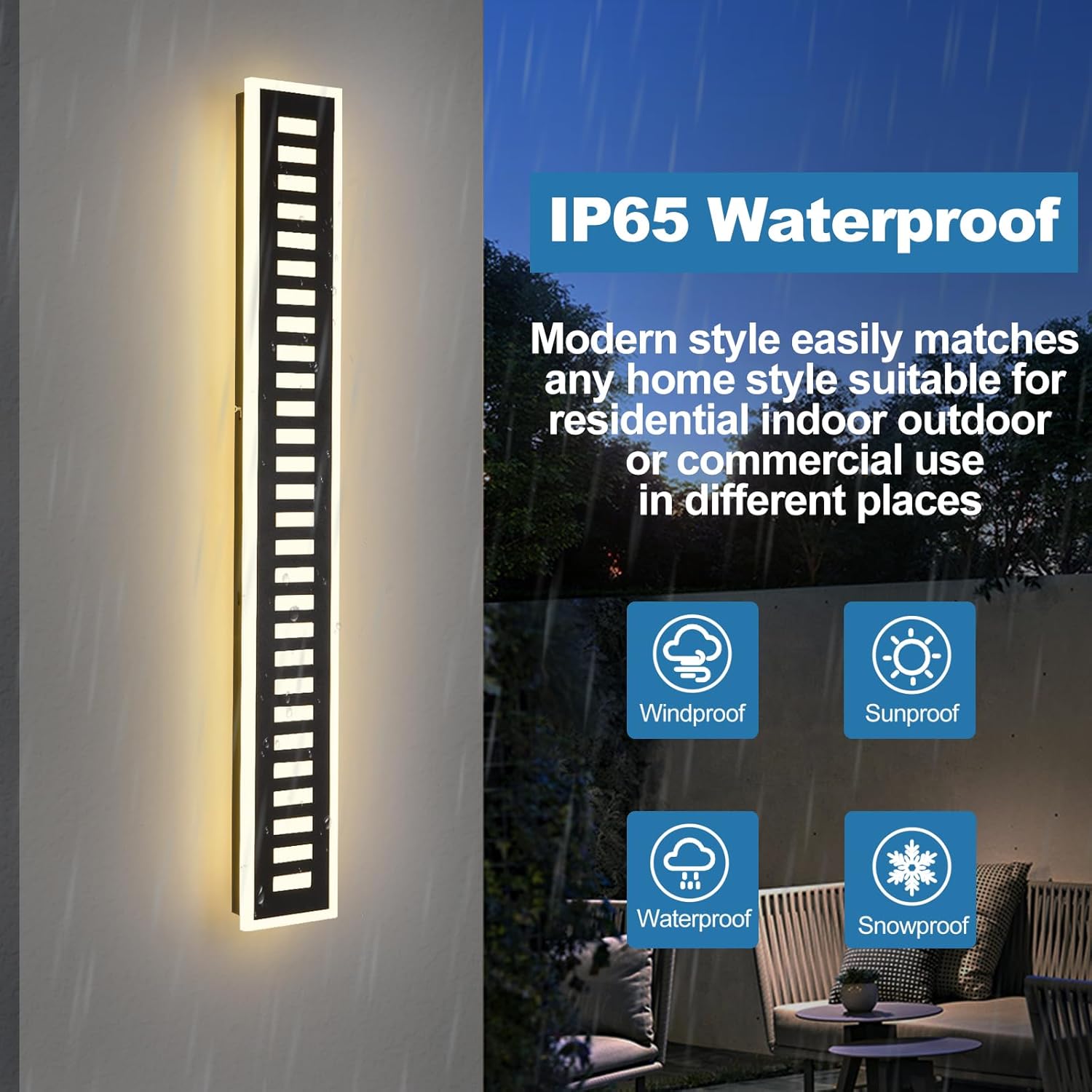 Outdoor Wall Light LED 42W 3000K 35.4in Long - Black Metal Waterproof Modern Exterior Lighting Fixture,Frosted Acrylic Porch Sconce,for Patio,Garage,Courtyard