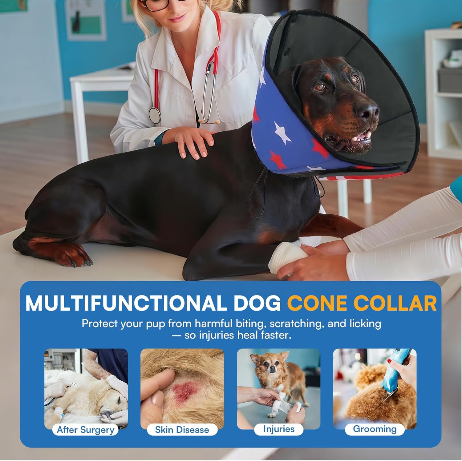 Queenmore XL Dog Cone, Soft Dog Cones for Large Dogs After Surgery, Cone for Dogs to Stop Licking, Pet Elizabethan Collar, Alternative to Recovery Collar for Pets, USAFlag XL