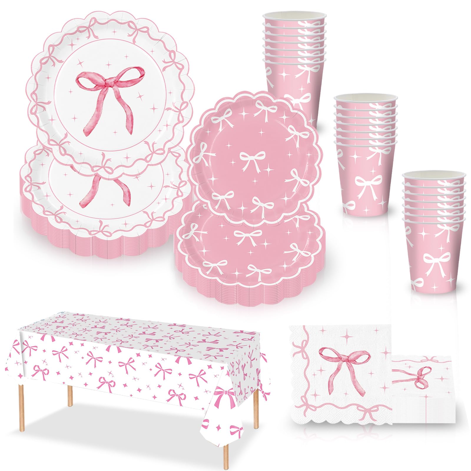 69Pcs Pink Bow Birthday Tableware Disposable Dinnerware Set,Coquette Birthday Decorations Plastic Tablecloth,Paper Plates Napkins and Cups for Girls Bachelorette Pink Bow Birthday Party Decorations