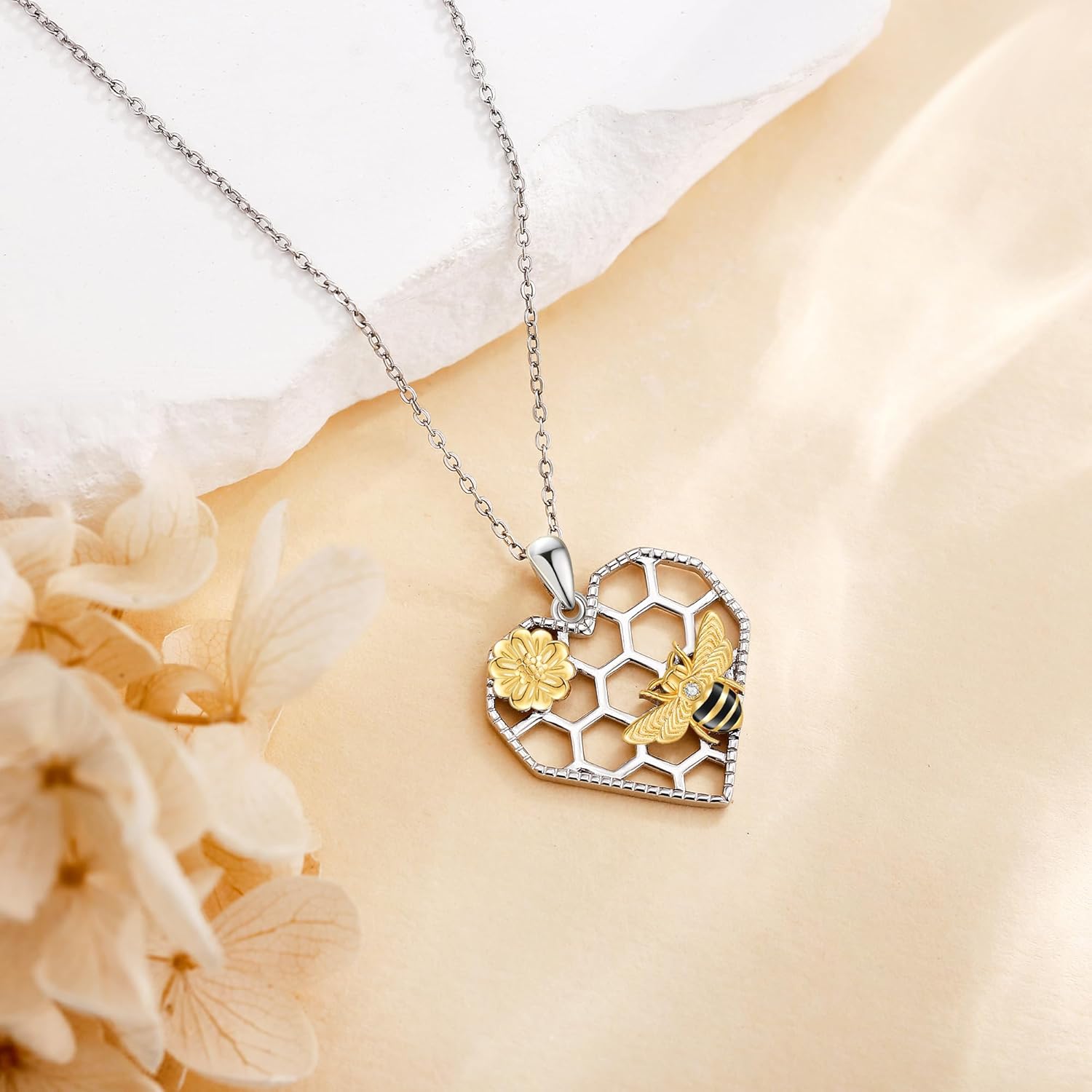 Bee Necklace 925 Sterling Silver Heart Honeycomb Pendant Necklace Bee Flower Necklaces Bee Jewelry Gifts for Women Wife Mom - Image 3