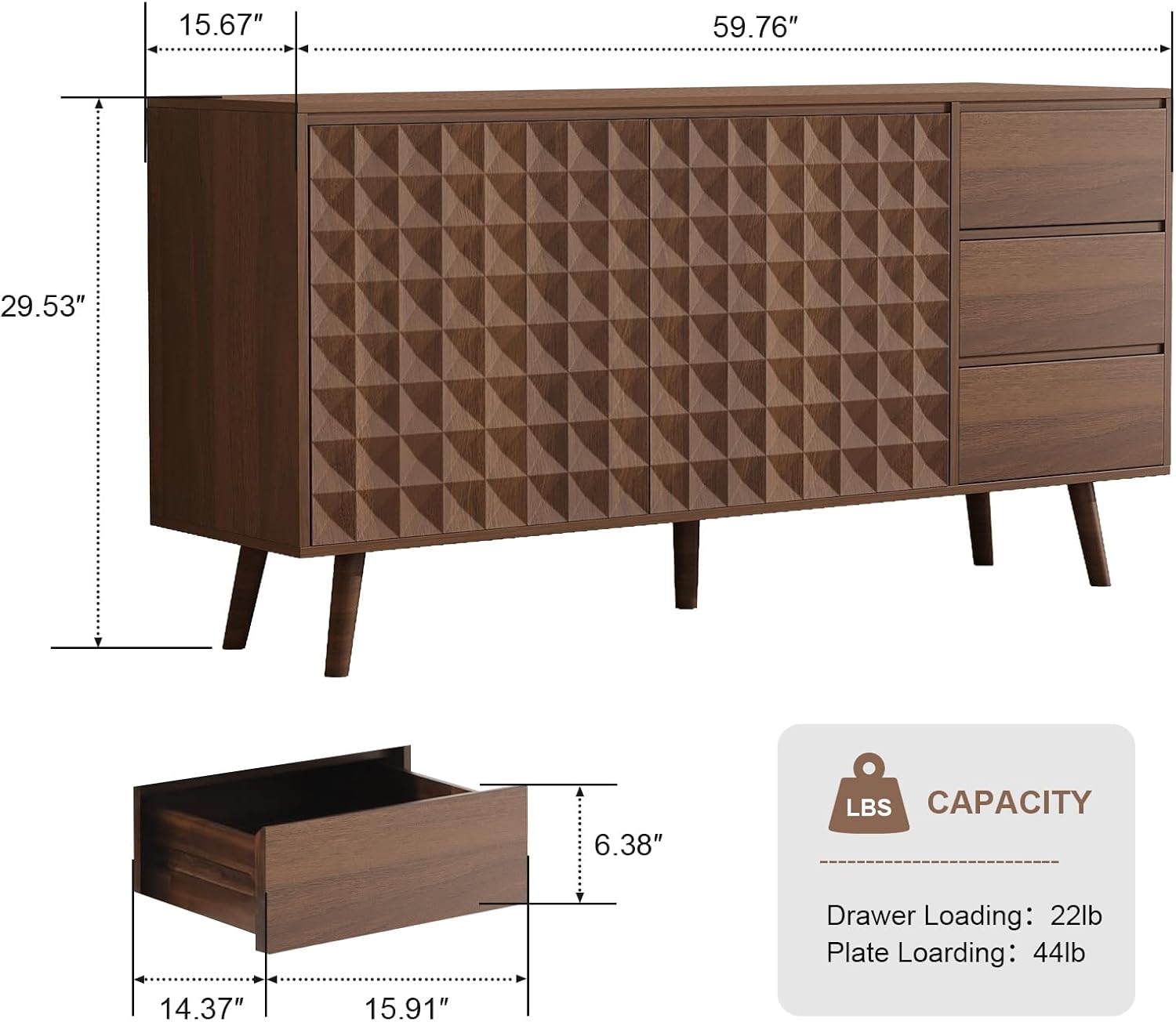 Buffet Cabinet - Large Buffet Storage, Kitchen Sideboard Storage with 2 Doors and 3 Drawers, Diamond Shaped Console Table, 59.76" x 15.67" x 29.53 "