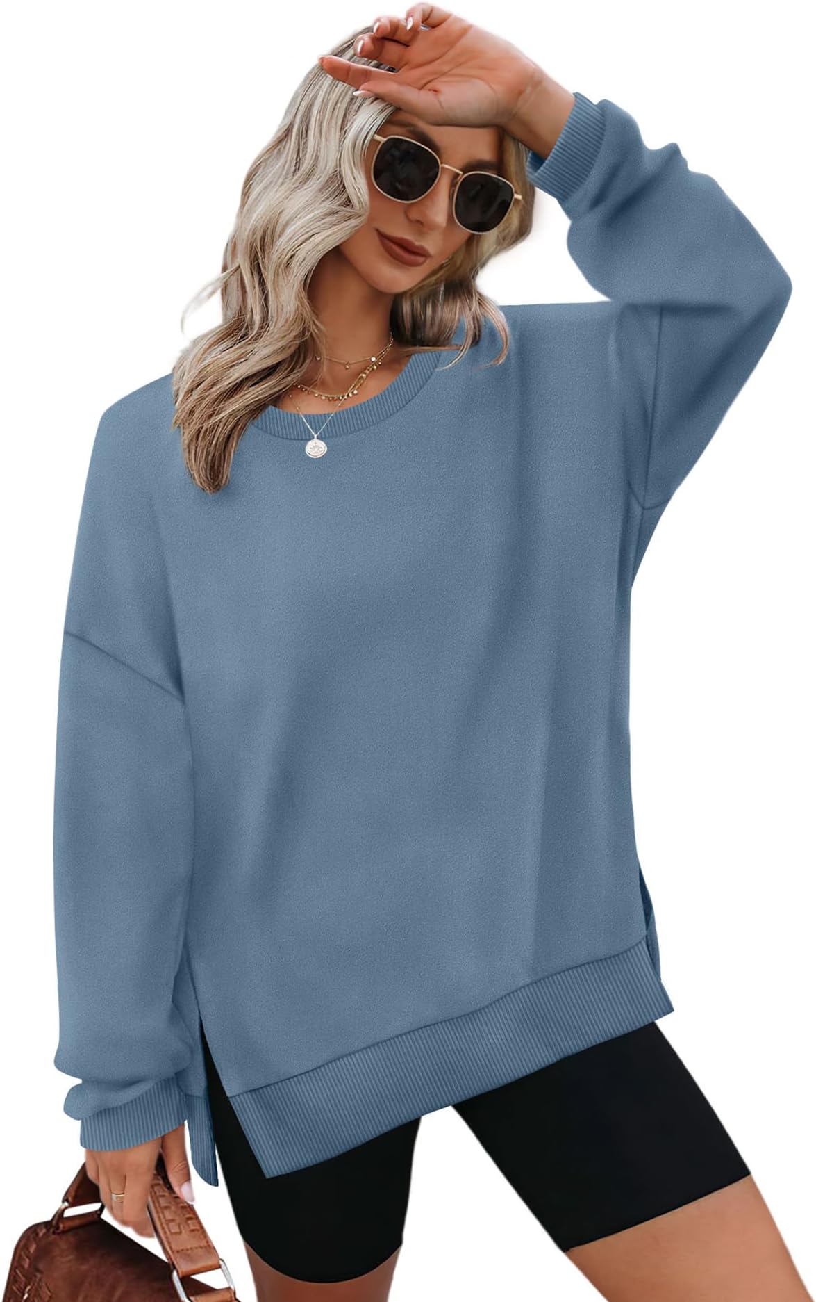 AokosorSweatshirts for Women Oversized Jumpers Ladies Tops Crewneck Long Sleeve Tops Side Split