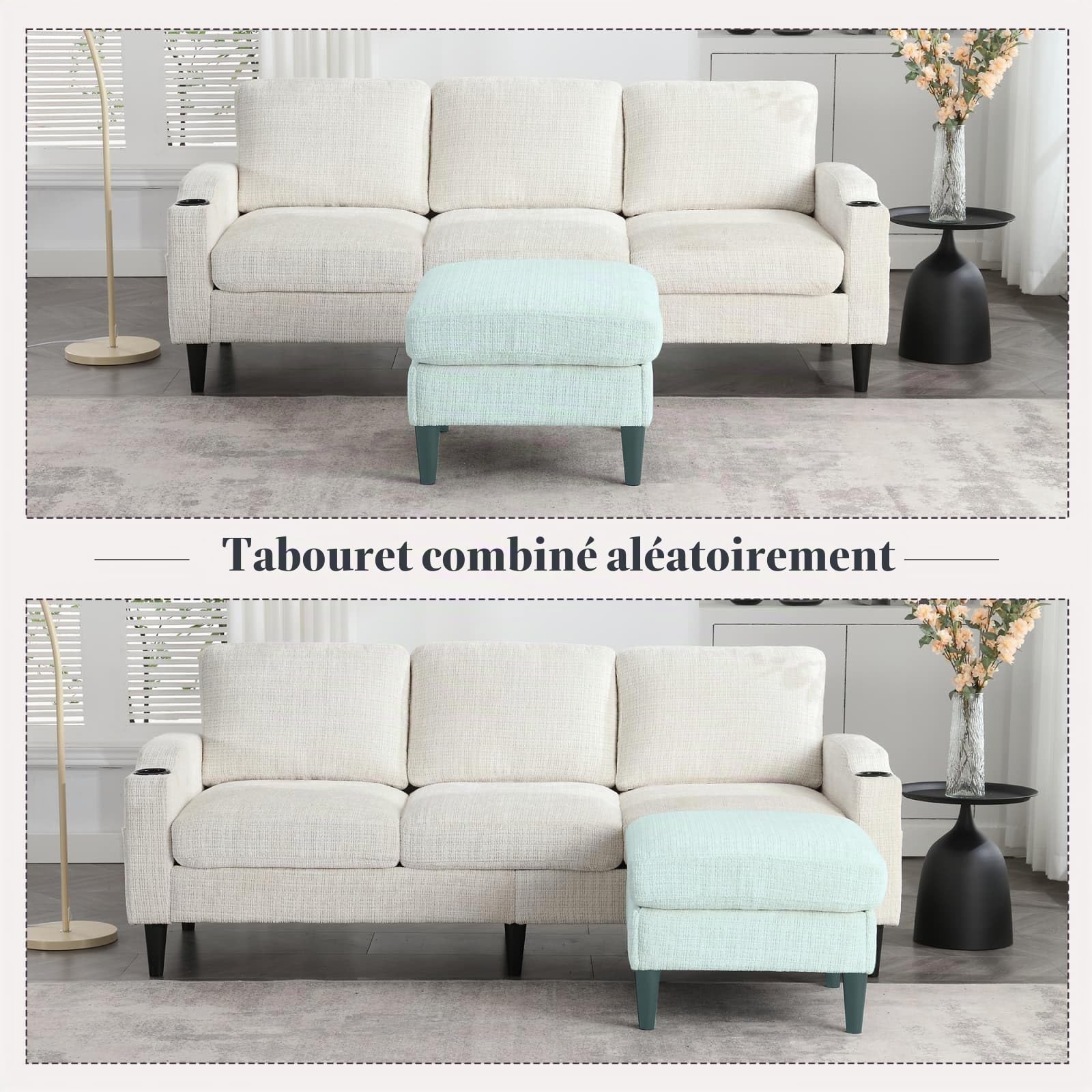 Sweiko Canapé avec Pouf et Espace de Rangement 4 Places avec Accoudoirs Confortables, Porte-Gobelets, Poches Latérales et Repose-Pieds Robustes en Plastique,Velours (Beige)