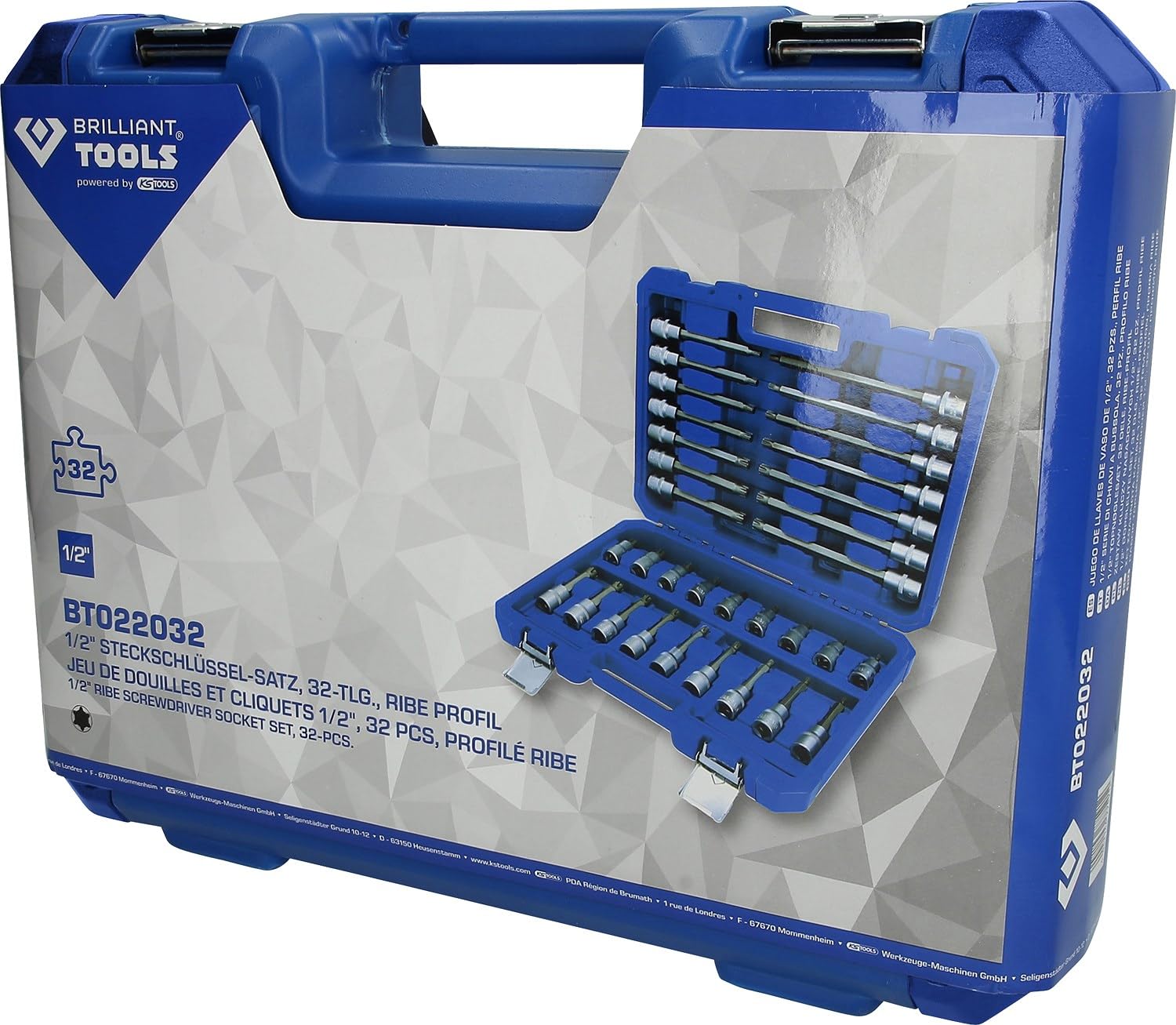 Coffret de Clés à Douilles 1/2" - 32 Pièces BT022032 Profil RIBE - Tailles Clés à Douilles allant de M5 à M14 - Outils en Acier Chrome Vanadium de Haute Qualité - Fabriqué selon DIN - BRILLIANT TOOLS