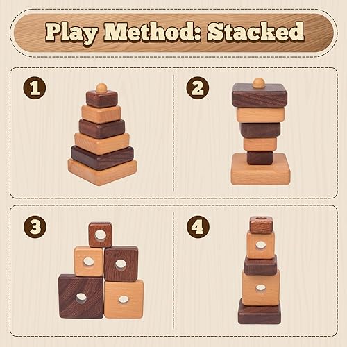 Miniatura 5 de Adena Montessori Anillo de madera natural de color madera, apilador geométrico Montessori, juguete educativo de madera, para bebés y niños pequeños