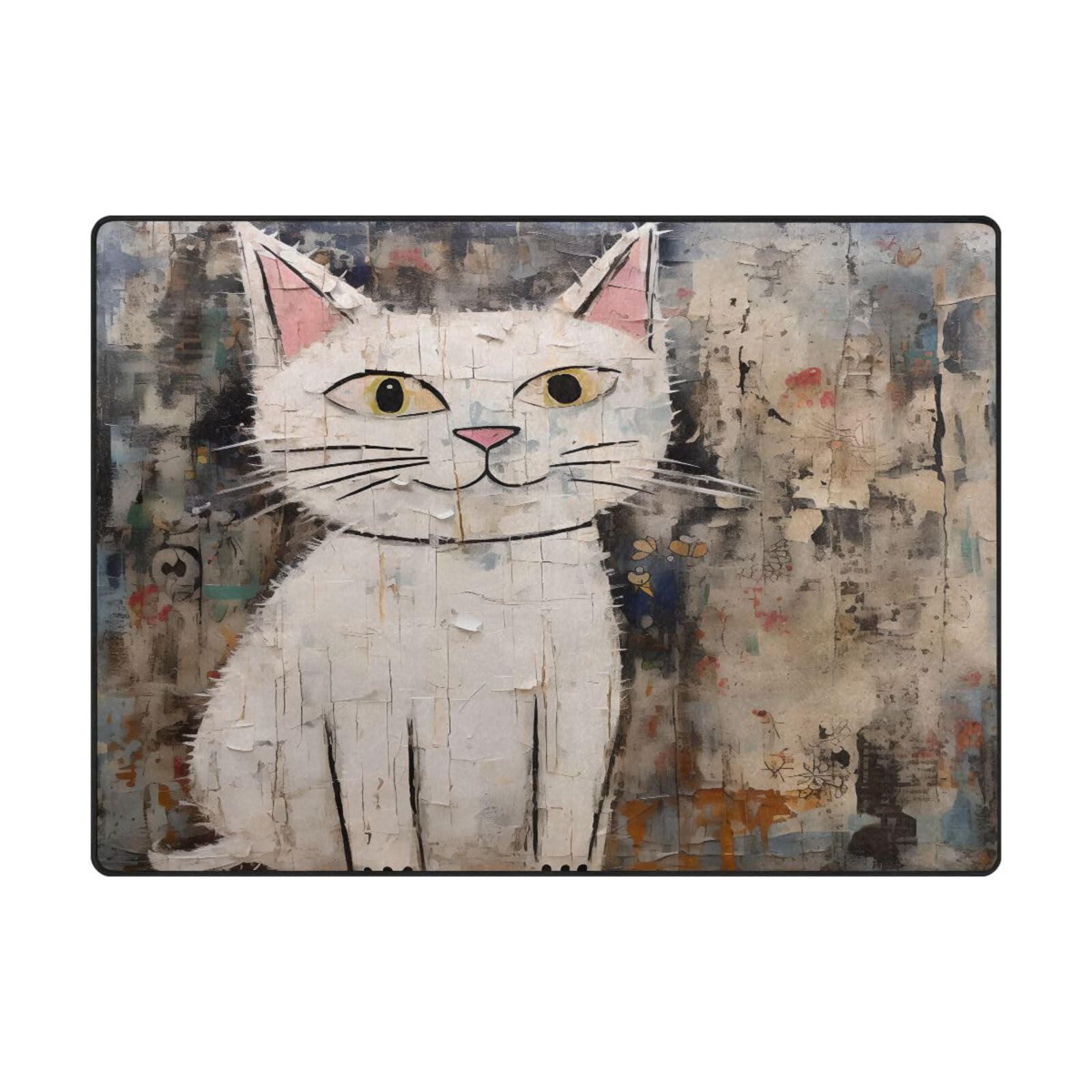Grand tapis 203 x 147 cm art abstrait chat souriant contemporain pour salon