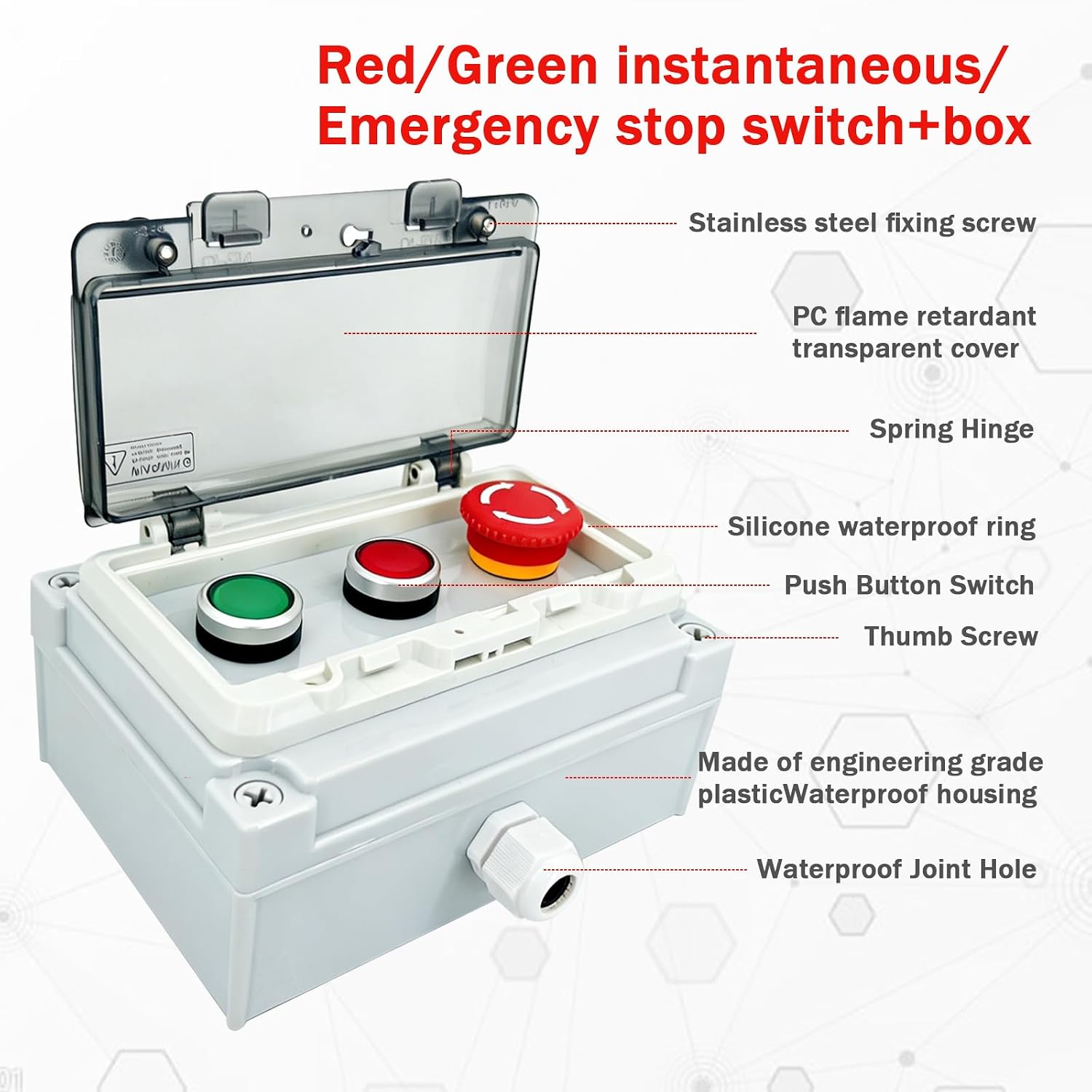 Waterproof Push Button Switch Box, IP67 Rated, Outdoor Industrial Start/Stop Control Box with Protective Cover (Green/red/Emergency Stop Button Switch Box)