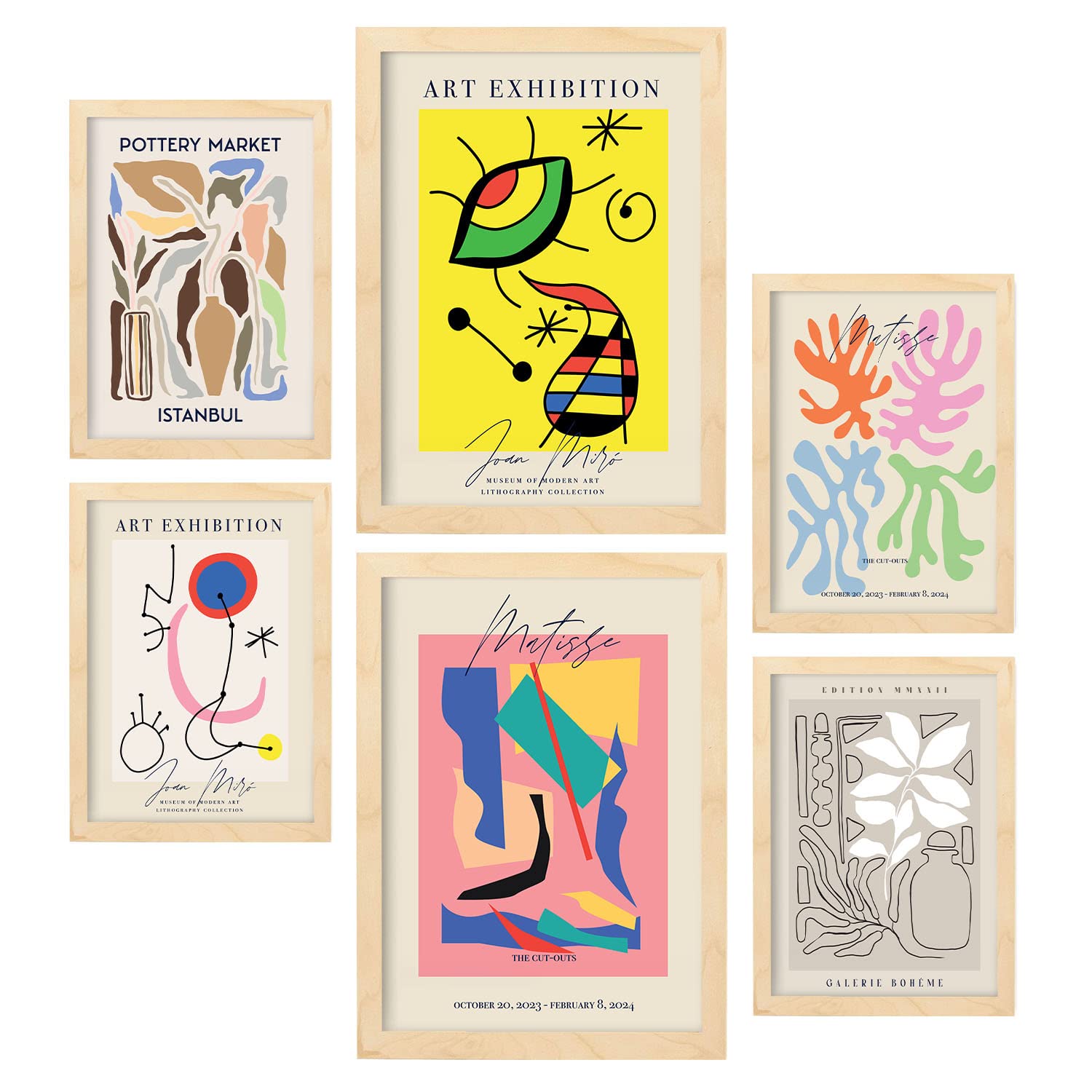 Nacnic Set of 6 posters Abstract art. Collection of posters in collage aesthetic for interior decoration. Sizes A3 and A4. Light wood frames.