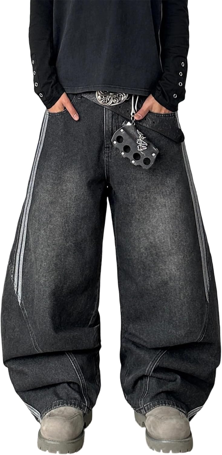 Men's Wide Leg Jeans Irregular Sutures Baggy Pants Loose Fit Skater Jeans Trousers ...