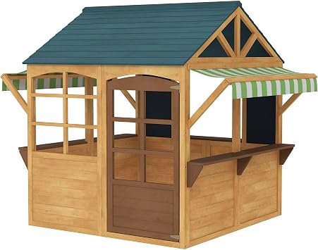 Portable Wooden Cottage with Multi-Pane Windows, Secure Door Mechanism, Kids Snack Bar, Durable Water-Resistant Top