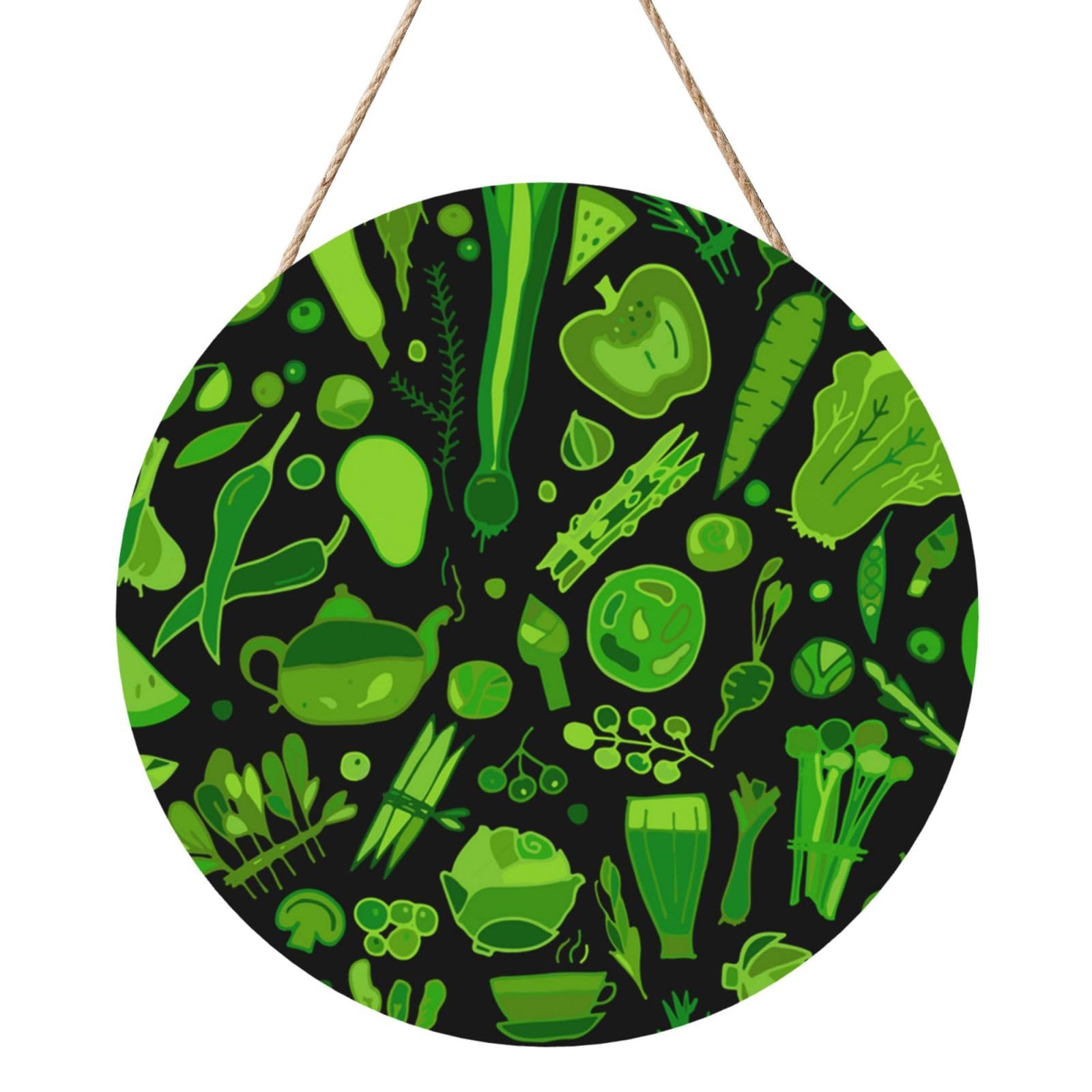 InOmak Green Vegetables Pattern, Round Wood Panel Painting 12 in, Wall Hanging Painting For Home