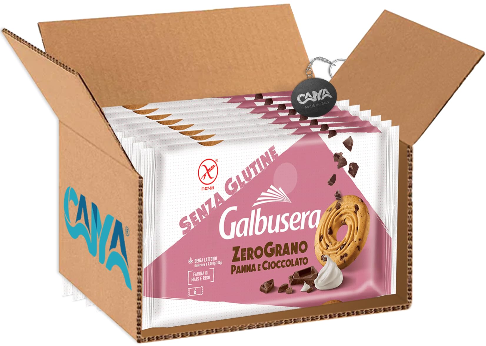 Galbusera ZeroGrano Frollini con Panna e Gocce di Cioccolato, Senza Glutine e Lattosio (Gluten & Lactose Free) 220g [CAIYA® BOX da 8 Confezioni]