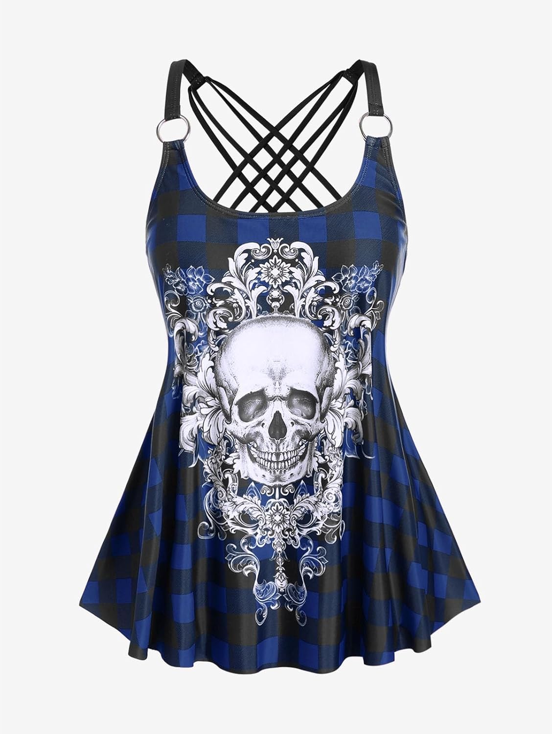 Rosegal Womens Plus Size Gothic Skull Plaid Padded Boyleg Strappy Modest Tankini Swimsuit Set