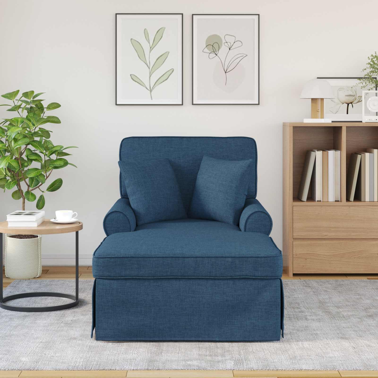 Chaise Lounge con gonna e 2 cuscini, in tessuto blu, 91 x 157 x 91 cm, imbottita, con braccioli e schienale, ergonomica, imbottita, per soggiorno, camera da letto, ufficio, rilassarsi, leggere