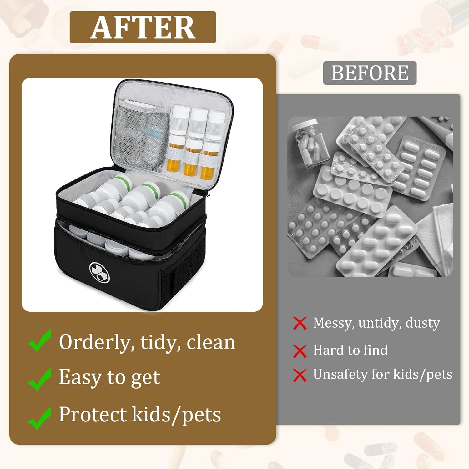 Dual Layers Medicine Organizer Bag, Pill Bottle Organizer Storage with Lockable Zipper, Lockable Medicine Travel Case for Pills, Vitamins, Medical Supplies, Black（Lock Not Included）