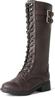 DREAMPAIRS Women's Knee High Combat Riding Boots - PU Leather, Faux Fur Lined, Side Zipper, Buckle Straps, 1.57" Heel
