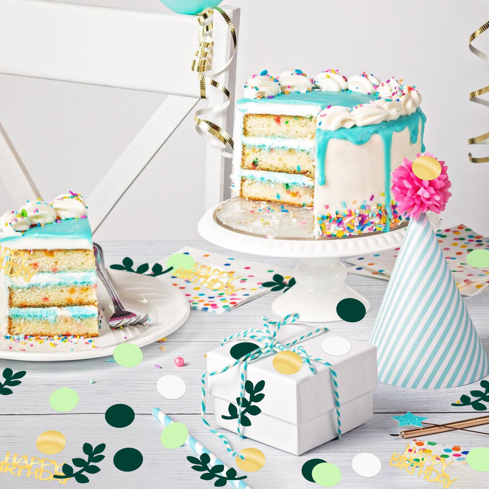 GETRICH 300 Coriandoli Verde Salvia E Oro Per Compleanno - Forma Foglie, Cerchi E Scritta Happy Birthday - Decorazioni Tavolo Feste - 3