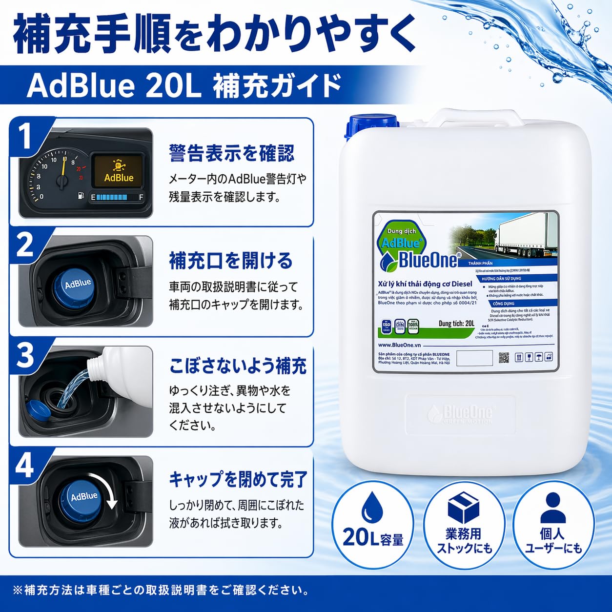 Amazon.co.jp: （20L ノズル付き）AdBlue アドブルー 高品位尿素水 20L