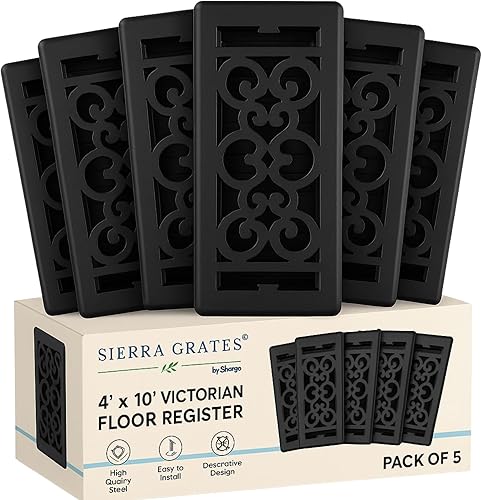 Precision Flow - Rejilla de piso de acero de 4 x 10 pulgadas, diseño victoriano, acabado negro texturizado, cubiertas de ventilación prémium para el