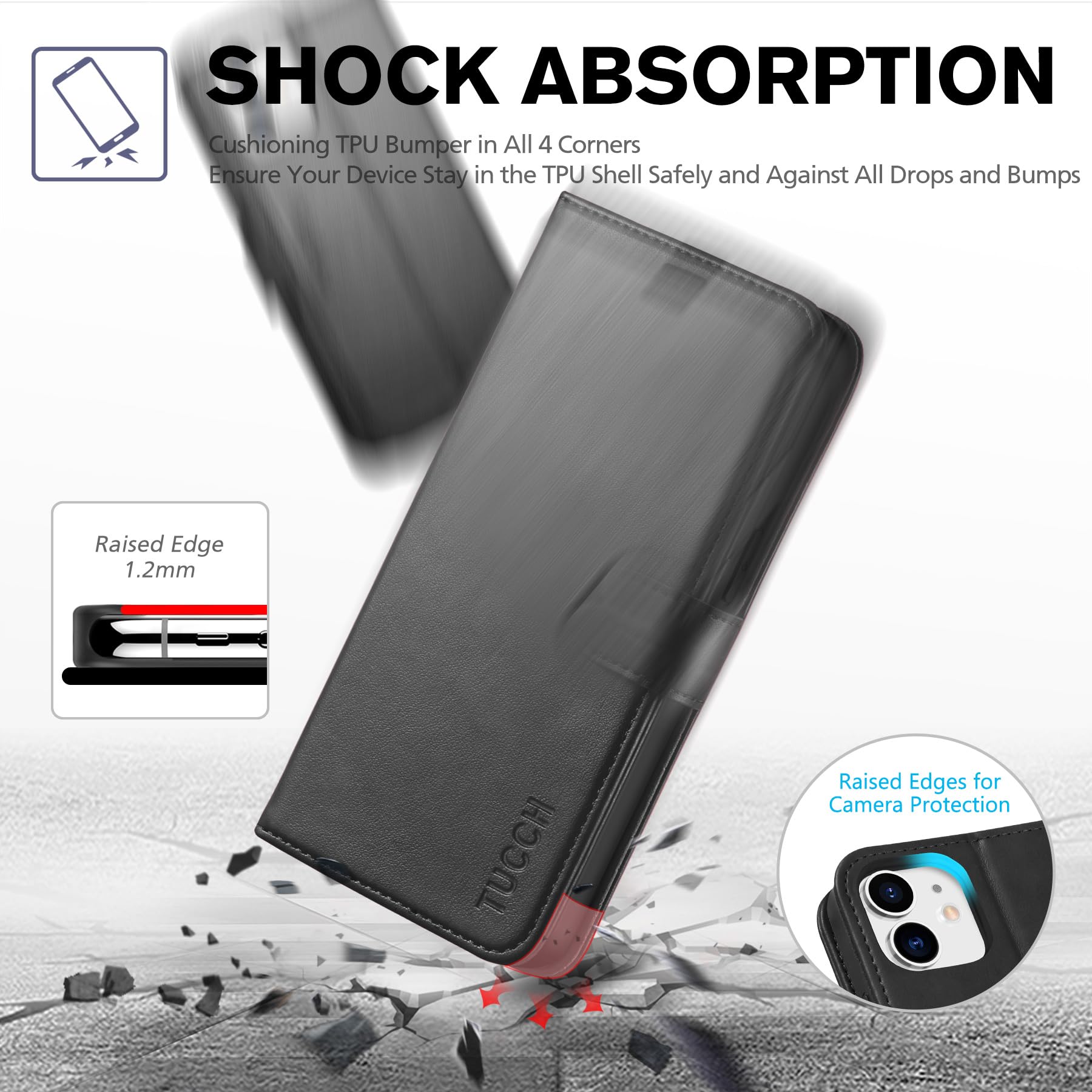 TUCCH Custodia per iPhone 12/12 Pro Cover Antiurto Pelle Sintetica Portafoglio Magnetica Flip con Chiusura RFID Blocco Tasca Carte Portacellulare Compatibile con iPhone 12/12 Pro (6,1" 2020), Nero