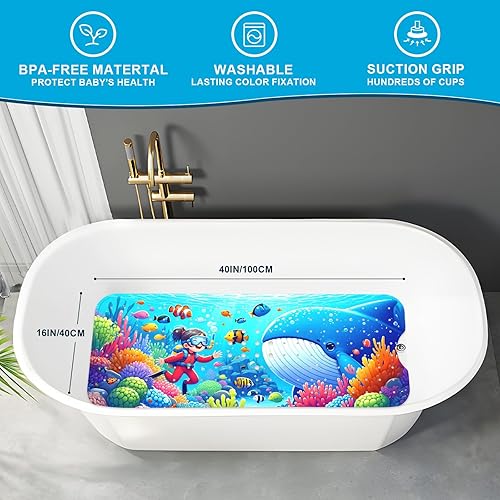 Miniatura 2 de XIYUNTE Tapete de baño para bebé, para niños, 40 x 16 pulgadas, extralargo y antideslizante, de caricaturas, para tina o ducha, con ventosas y