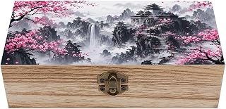 Cherry Blossoms Amidst Misty Temple Peaks Wooden Storage Box with Hinged Lid for Women, Compact Durable Jewelry Gift Box for Preserve Photos Letters Small Heirlooms