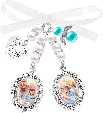 WY LIGHTING LEVEL Wedding Bridal Bouquet Photo Charms Personalized Memorial Pendant You Are Always In My Heart Silvertone Keepsake Ribbon Bow Pearl Charm Customize for Wed Floral Picture Template