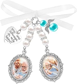Wedding Bridal Bouquet Photo Charms Personalized Memorial Pendant You Are Always In My Heart Silvertone Keepsake Ribbon Bow Pearl Charm Customize for Wed Floral Picture Template