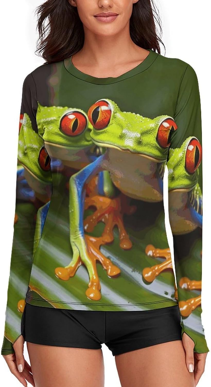 Red Eyed Tree Frog Rash Guard for Women UPF 50+ UV Sun Protection | Long Sleeve Workout Top Quick Dry Athletic Hiking Shirt Moisture Wicking Swim Shirt for Running, Cycling, Swimming