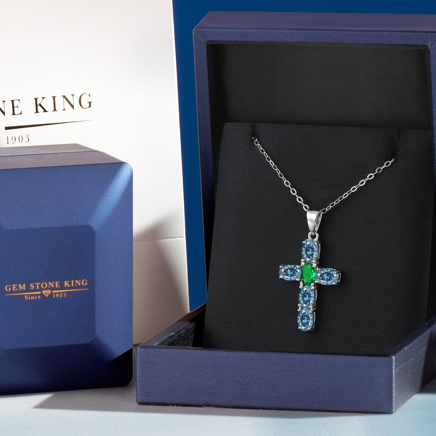 Gem Stone King 925 Sterling Silver Persian Blue Moissanite and Green Nano Emerald Cross Pendant Necklace for Women | 2.65 Cttw | Gemstone Birthstone | Oval 6X4MM | With 18 Inch Chain