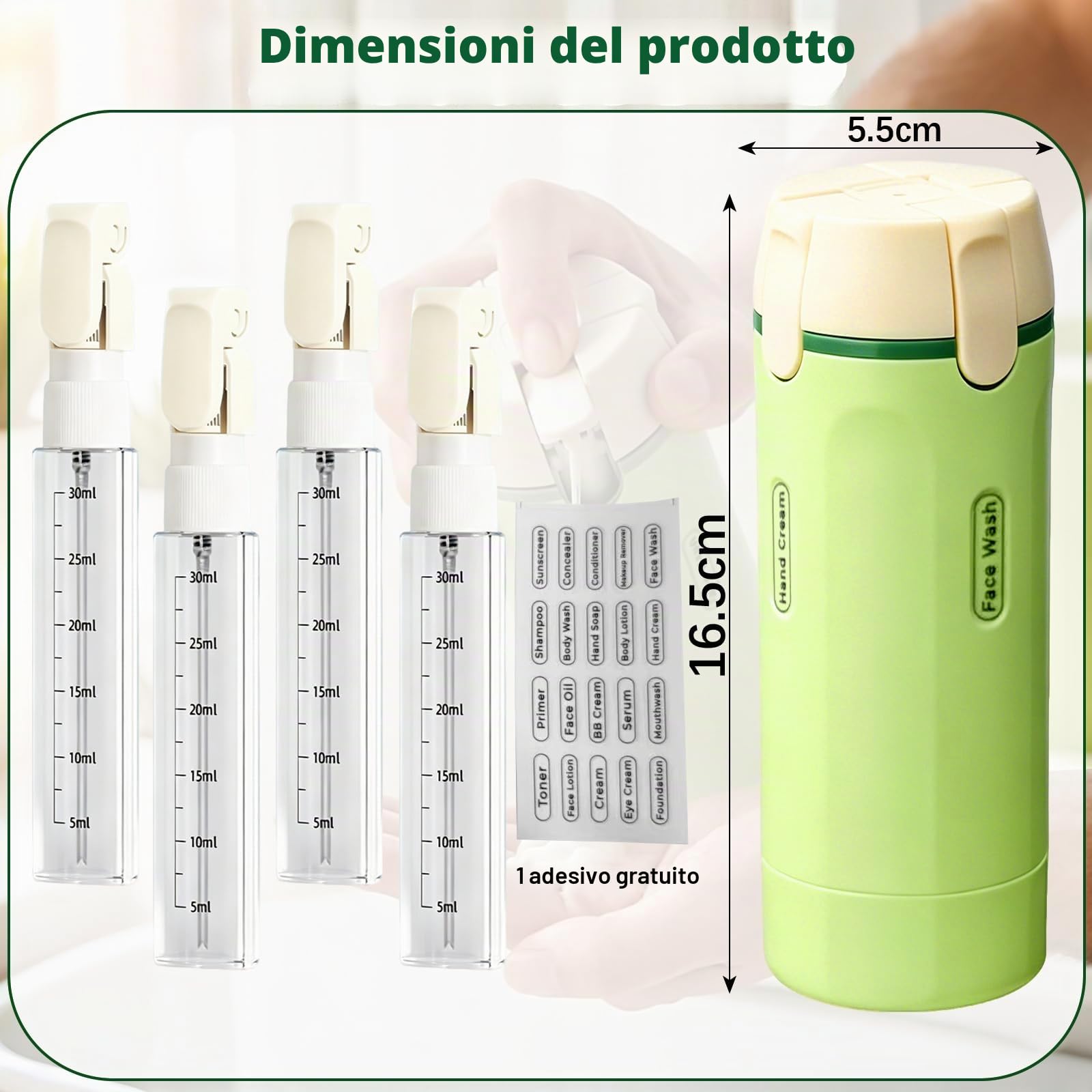 Set di 4 flaconi dispenser da viaggio, Flacone da Viaggio 4 in 1, Ricaricabili Flaconi da Viaggio per Shampoo, contenitori da viaggio portatili per shampoo, lozione, balsamo e crema (Verde)