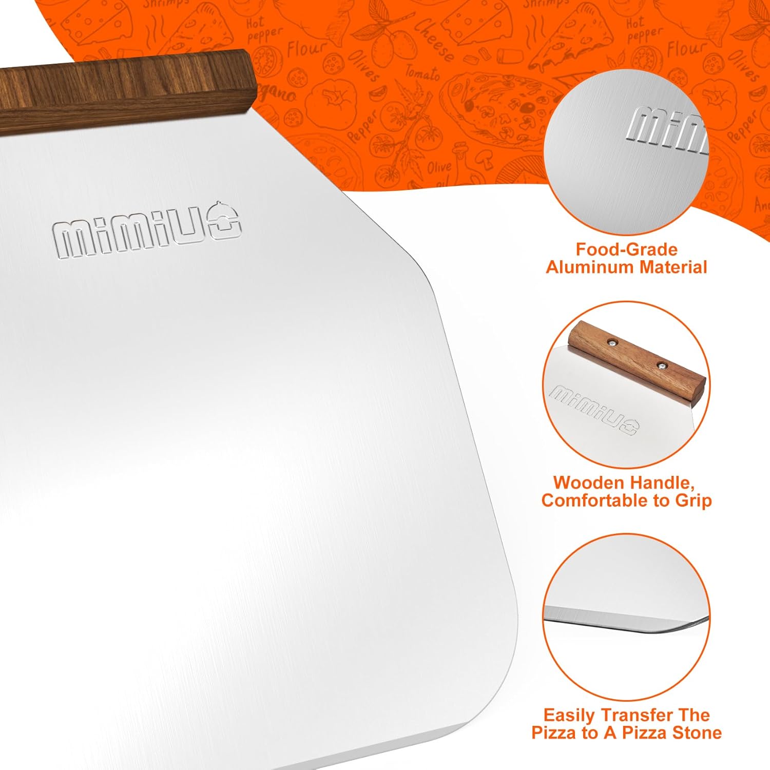 Mimiuo Pizza Serving Set, 15 Inch Acacia Wood Pizza Tray with Handles, Aluminum Food Peel for Indoor Oven & BBQ Grill, Serving Board Cutting Board Pizza Peel Set for Pizza, Bread, Cookies