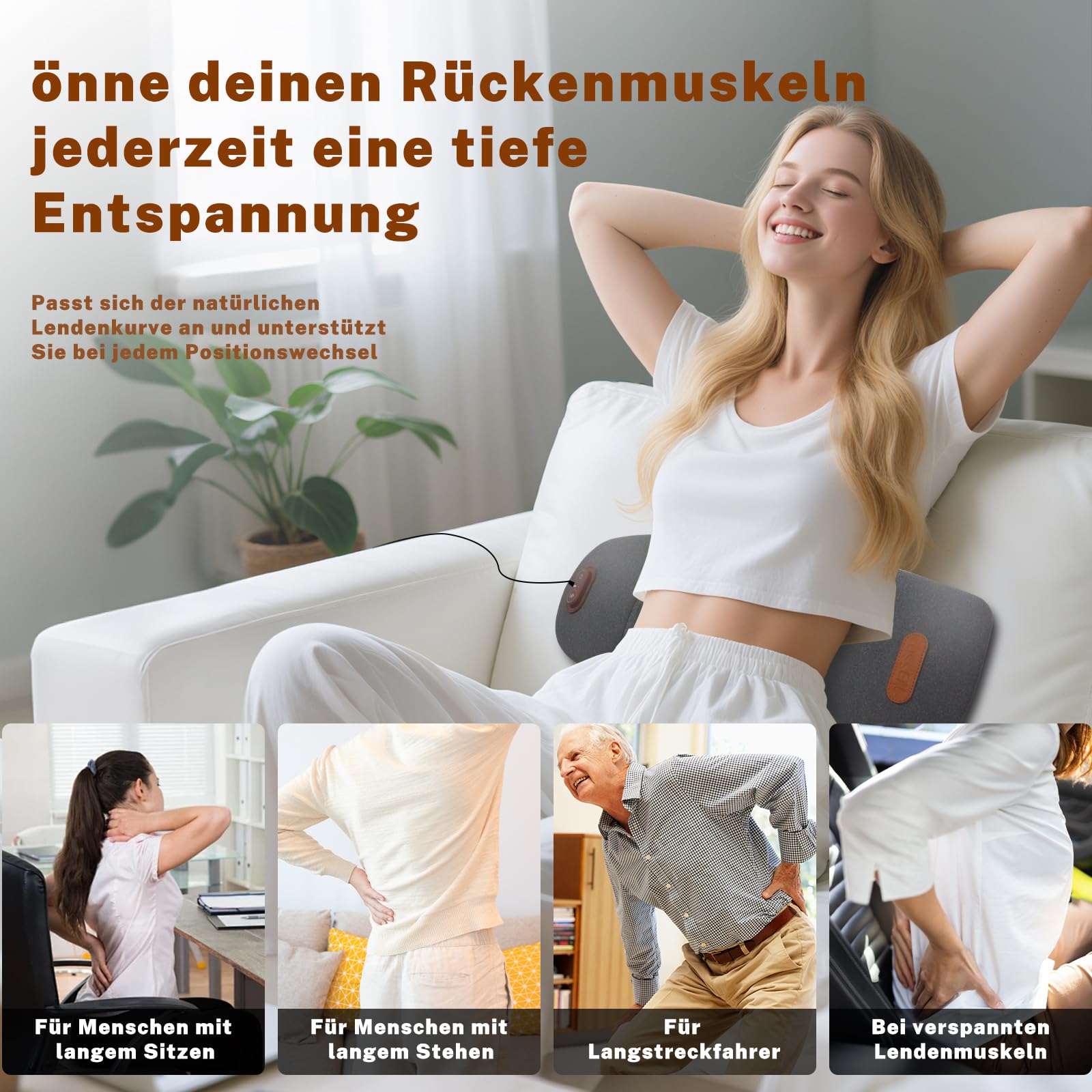 3 In 1 Rückenmassagegerät, Elektrisches Lendenkissen mit Wärme & Vibrationsmassage, Ergonomische RüCkenstüTze, MassagegeräT RüCken, Electric Lendenwirbel-Massagegerät Massagegerät Rücken with Traction
