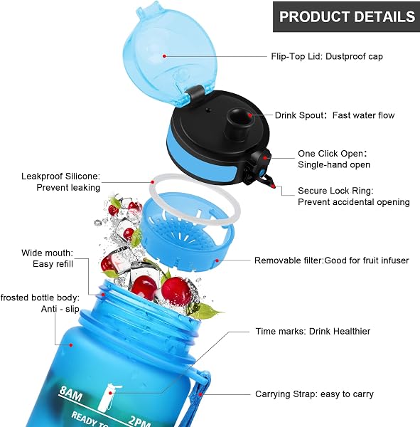 Vikaster Bouteille d'eau, Gourde Sport 1 Litre, sans BPA, Water Bottle Ouvrir en un Clic, Convient Pour la Gym, le Yoga, Camping, Randonnée, Noir Rouge - 4