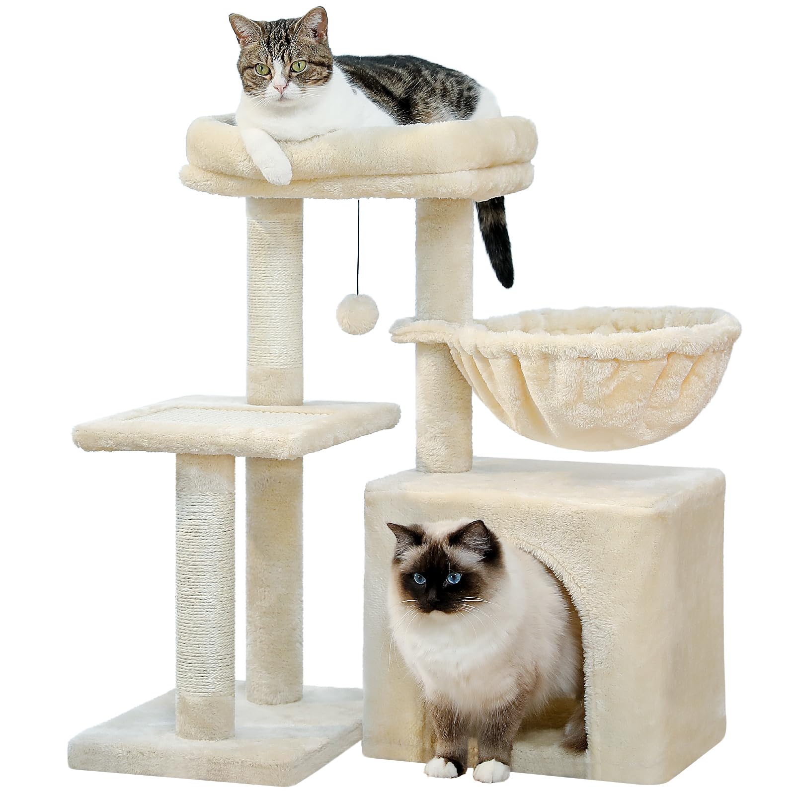PAWZ Road Small Cat Tree, 73cm Tower for Indoor Cats, 2 Styles Activity Tree With Scratching Posts, Big Hammock and Removable Top Perch - Beige