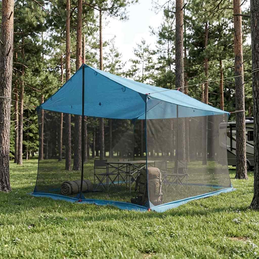 Tarp kempingowy ze ścianami z siatki niebieski 340 x 260 x 220 cm | Wodoodporny dach, zamek błyskawiczny, regulowana wysokość, lina i śledzie w zestawie