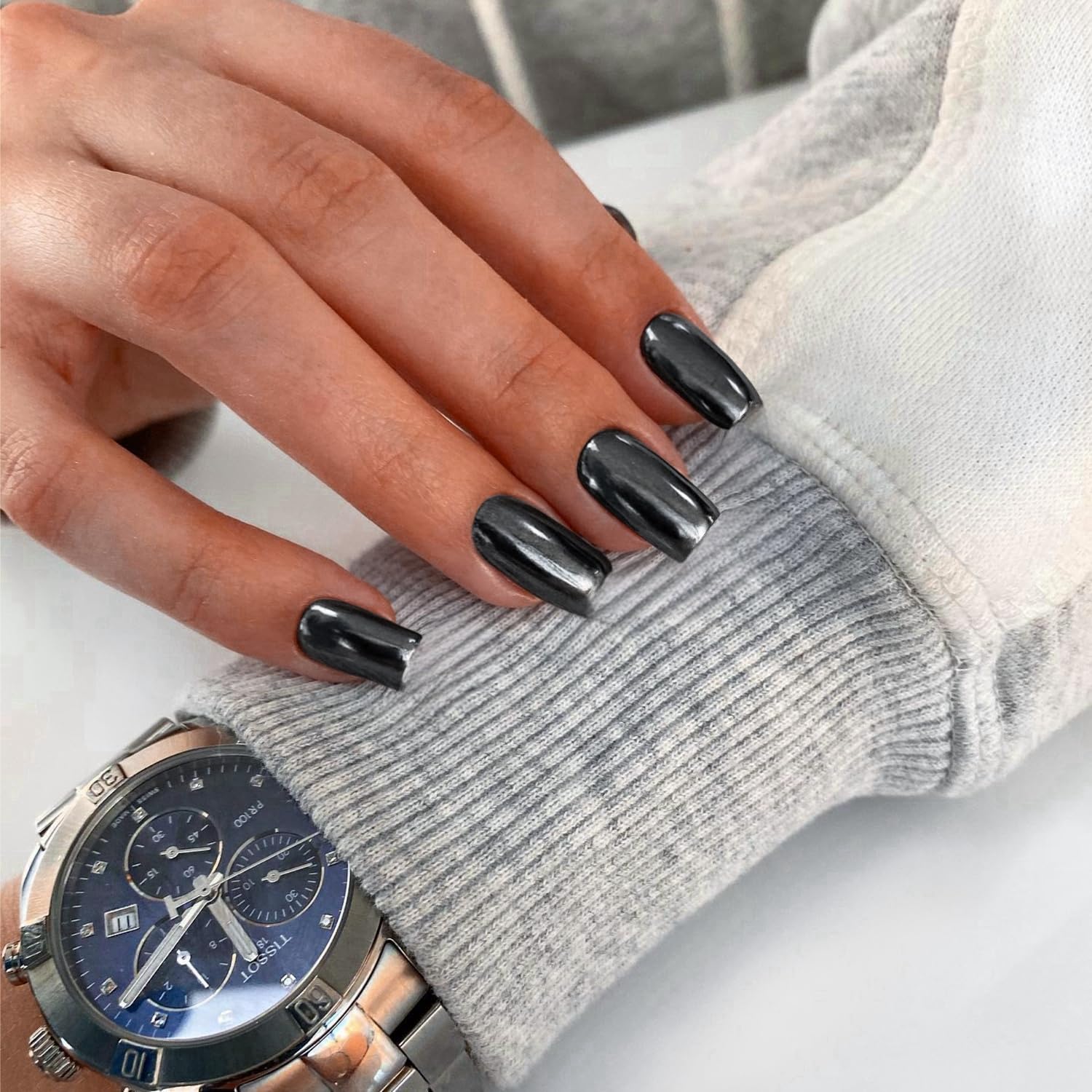 KQueenest Chrome Black Press on Nails Short Medium Square Glitter Metallic False Nails Medium Coffin - Image 4