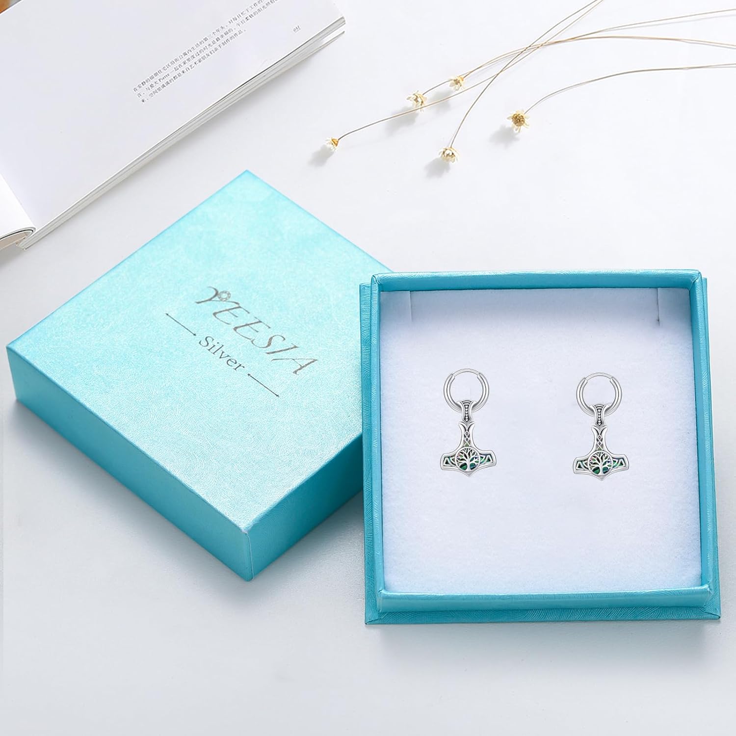 Viking Earrings 925 Sterling Silver Mjolnir/Cross/Wolf/Tree of Life/Valknut/Vegvisir Hoop Stud Earrings Abalone Crystal Jewelry for Men Women