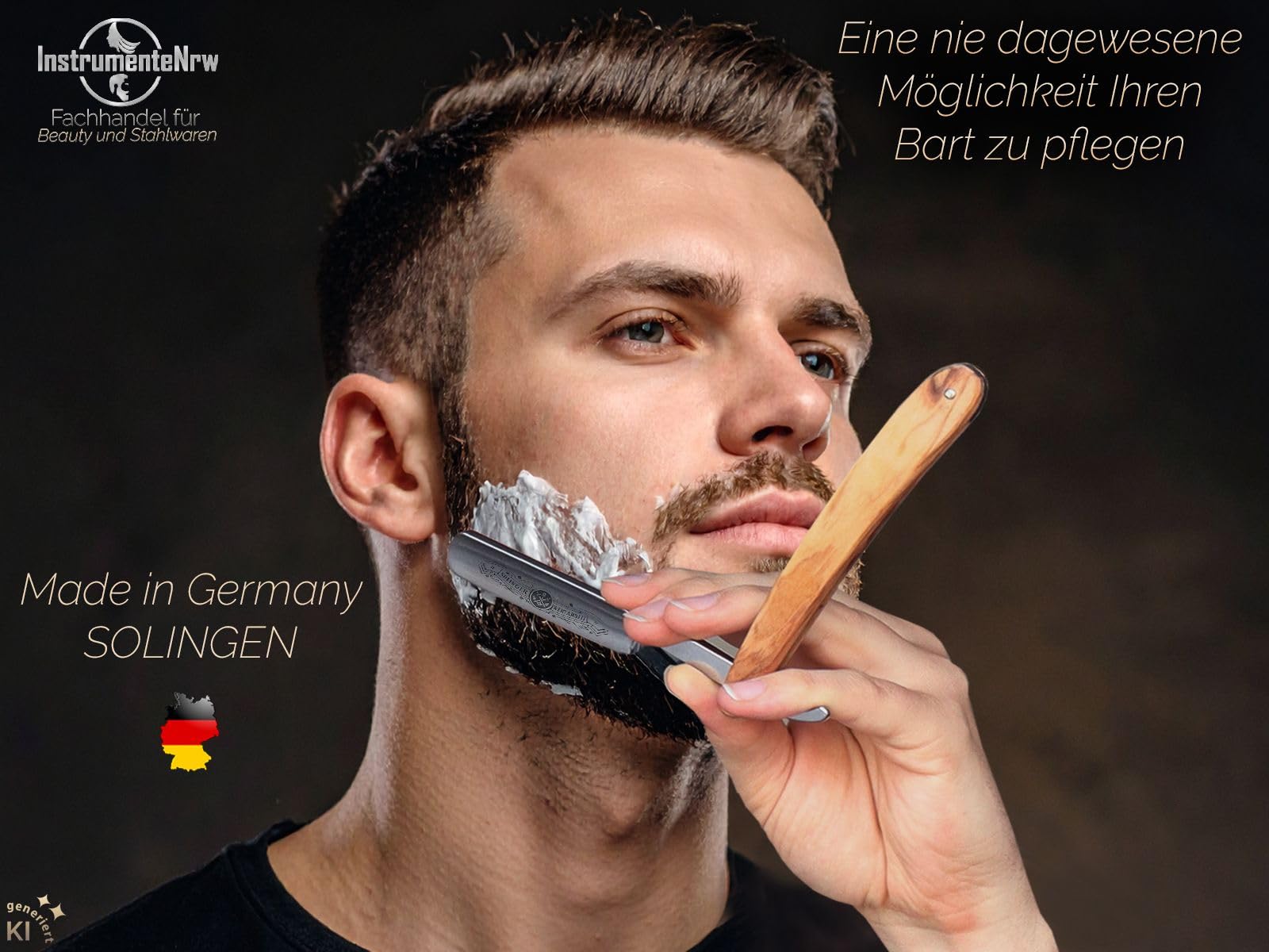 Solingen Rasiermesser-Set Solinger Bartmesser Streichriemen und Paste | Traditionelles Nassrasur Rasiermesser mit Olivenholzheft / Solinger Streichriemen und schärf Paste aus Made in Germany